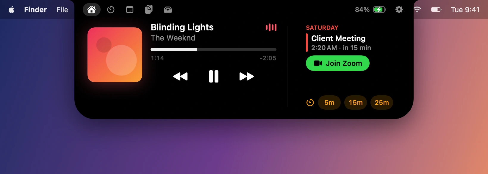 The Brim island open under the menu bar with music, the next meeting and quick timers.